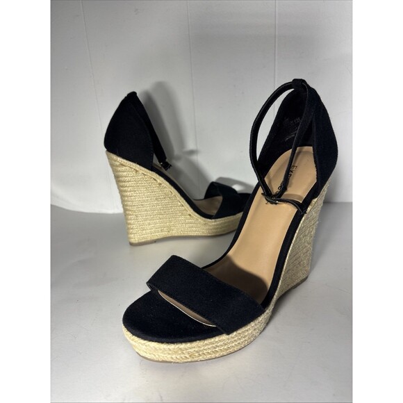 Black Dressy Sandals Espadrille Wedge Platform Heels Ankle Strap Open Toe Sz 7 - Picture 1 of 15